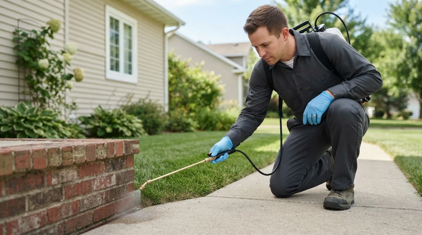 Pest control technician treating a home near North Haven, CT